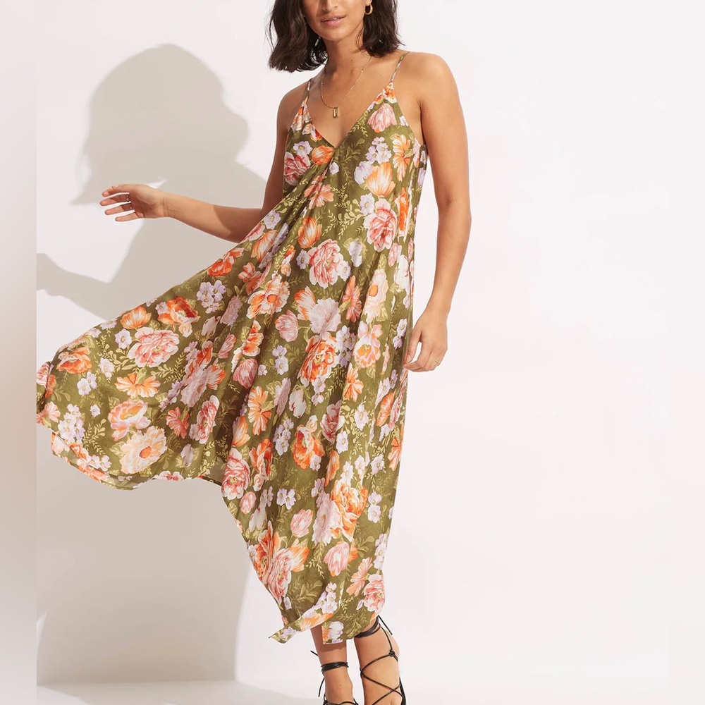 Seafolly Australia Paradise Garden Scarf Dress - Avocado green floral XS